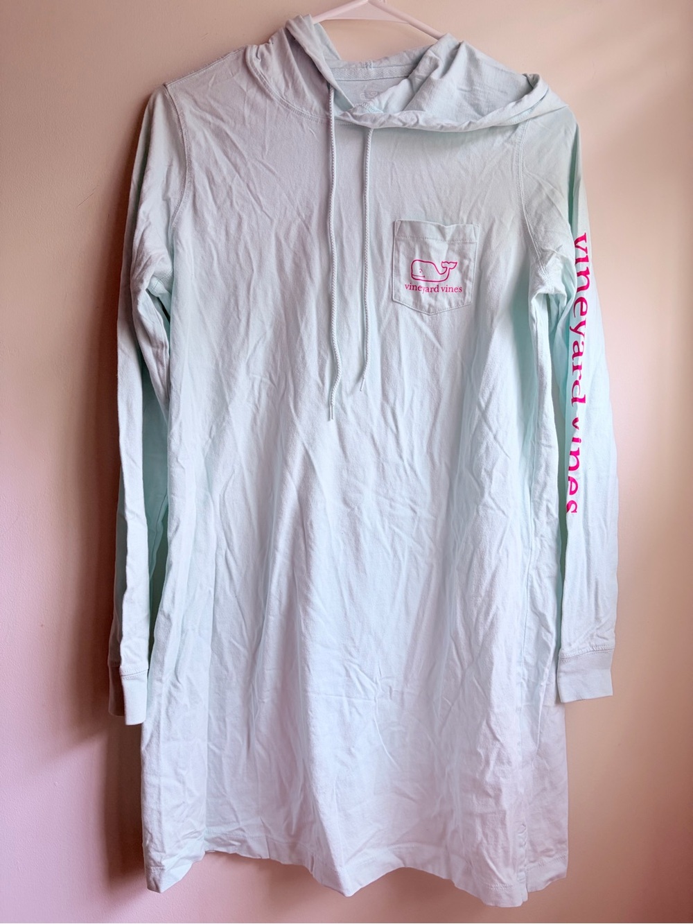 Vineyard Vines Lightweight Cotton Long Tunic Hoodie Aqua Pink Whale Preppy